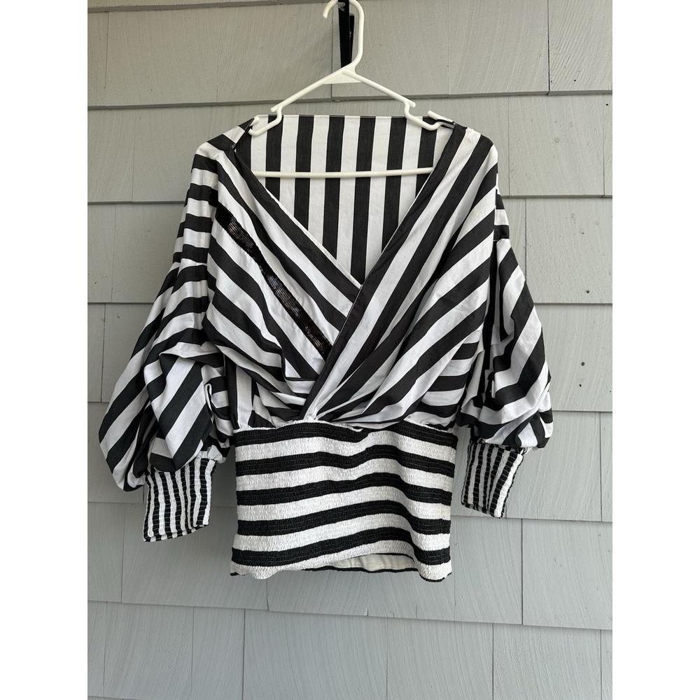 Johanna Ortiz Zanzibar Embellished Top Sz 6 Black White Striped Sequin